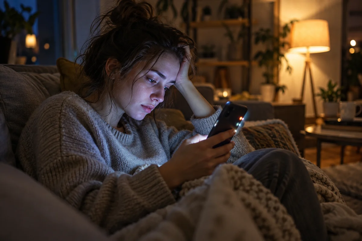 A young adult on the sofa late at night, scrolling through a phone full of notifications and looking tired