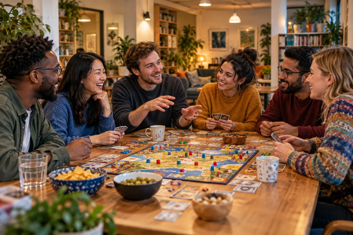 A group of adults from several countries laughing around a board game at a community game night
