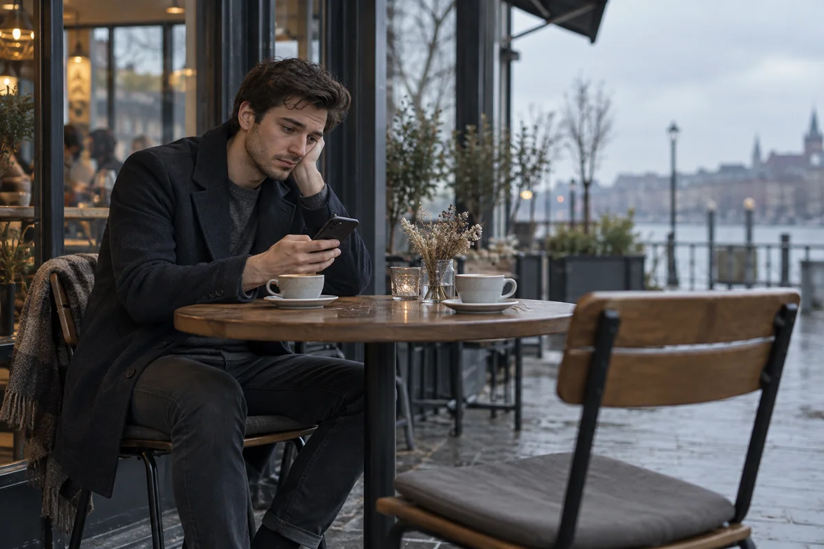 A young man alone at a cafe table checking his phone, with an empty chair and an untouched cup across from him