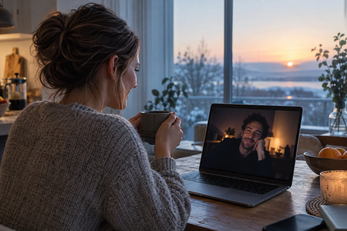 A young woman with morning coffee on a video call with a friend for whom it is already night
