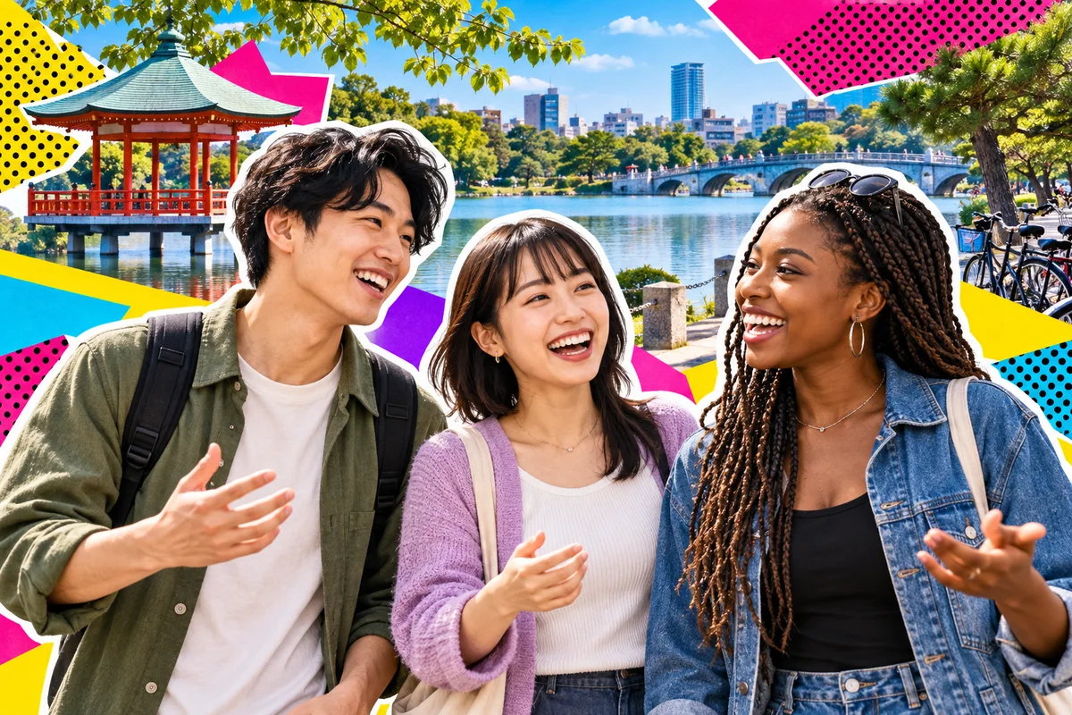 Japanese and international friends chatting beside Ohori Park lake