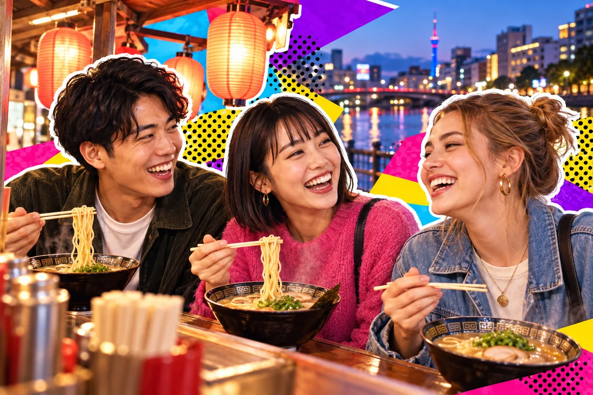 Friends sharing ramen at a Fukuoka yatai food stall