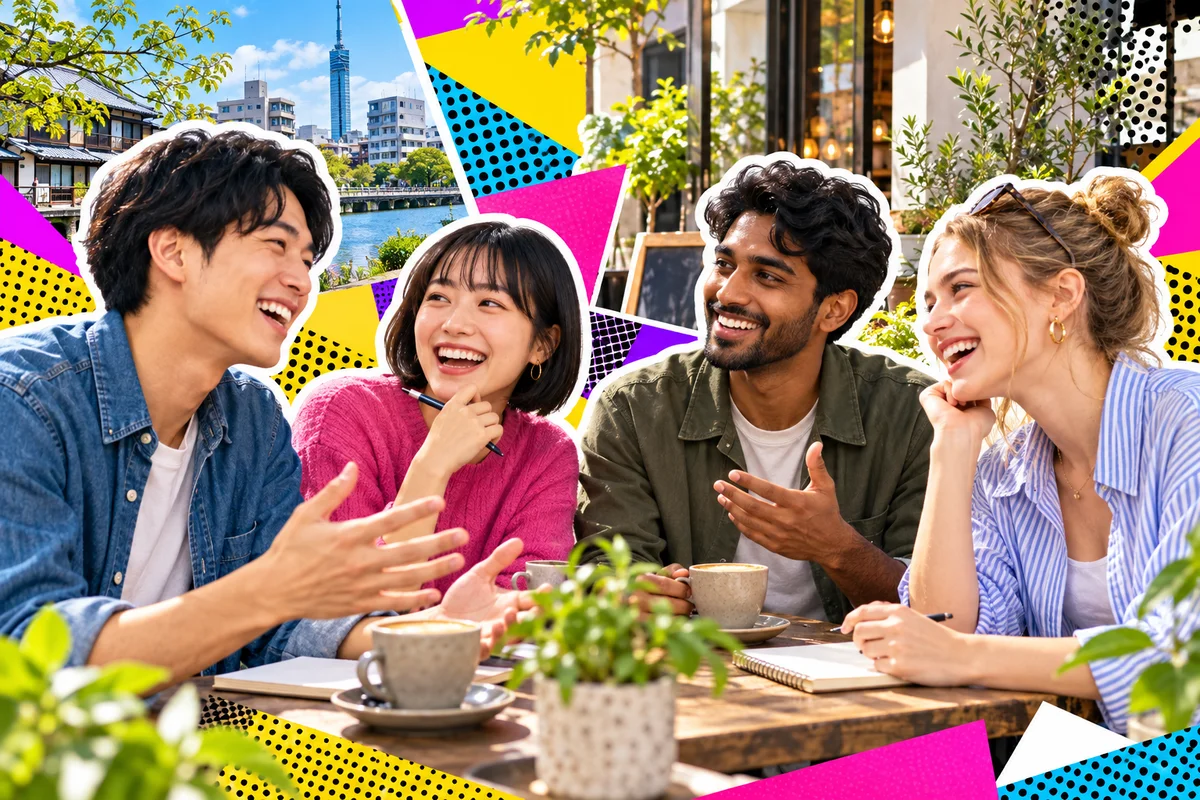 Friends enjoying a language exchange at a Fukuoka cafe
