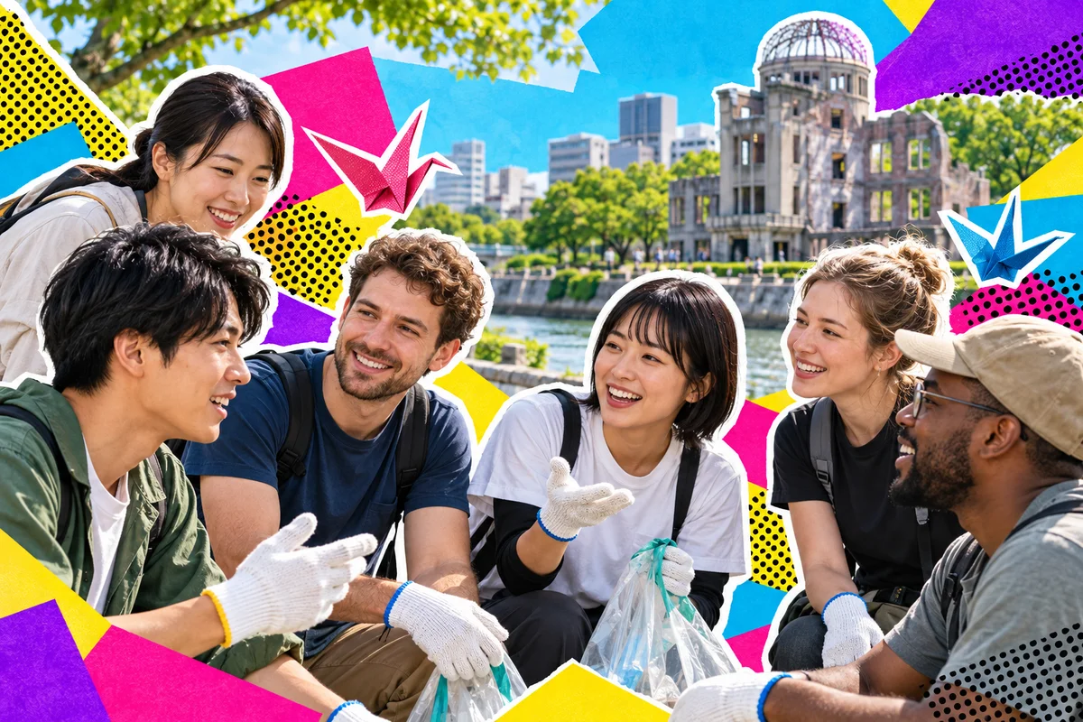 Japanese and international community volunteers talking by the Hiroshima riverside