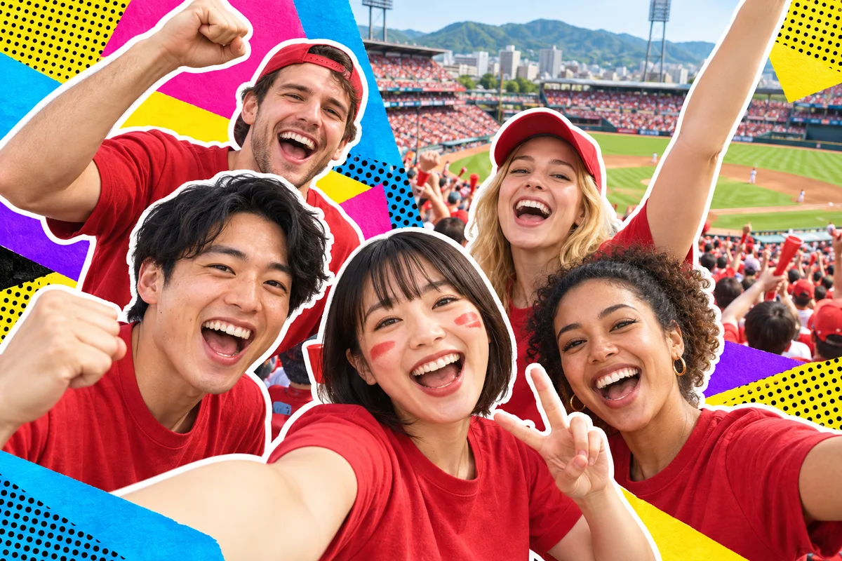 Japanese and international friends cheering at a Hiroshima baseball game