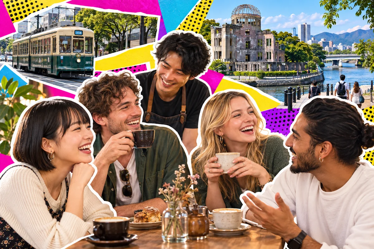 International friends becoming regulars at a Hiroshima neighborhood cafe
