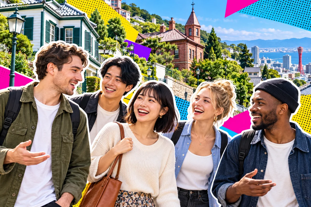 Japanese and international friends walking through Kitano in Kobe