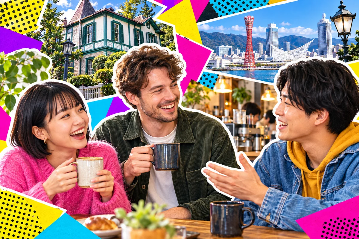 Japanese and international friends chatting in a Sannomiya cafe