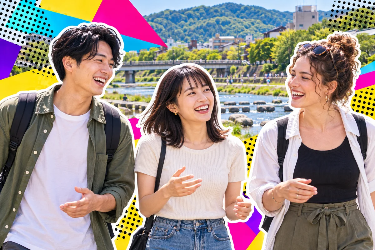 Japanese and international friends walking beside the Kamogawa in Kyoto