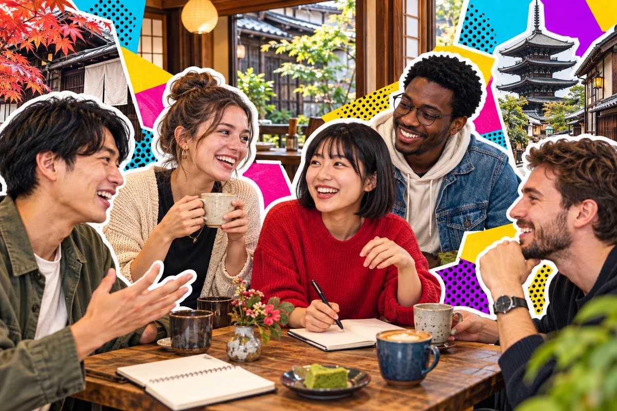 Friends enjoying a language exchange in a Kyoto cafe