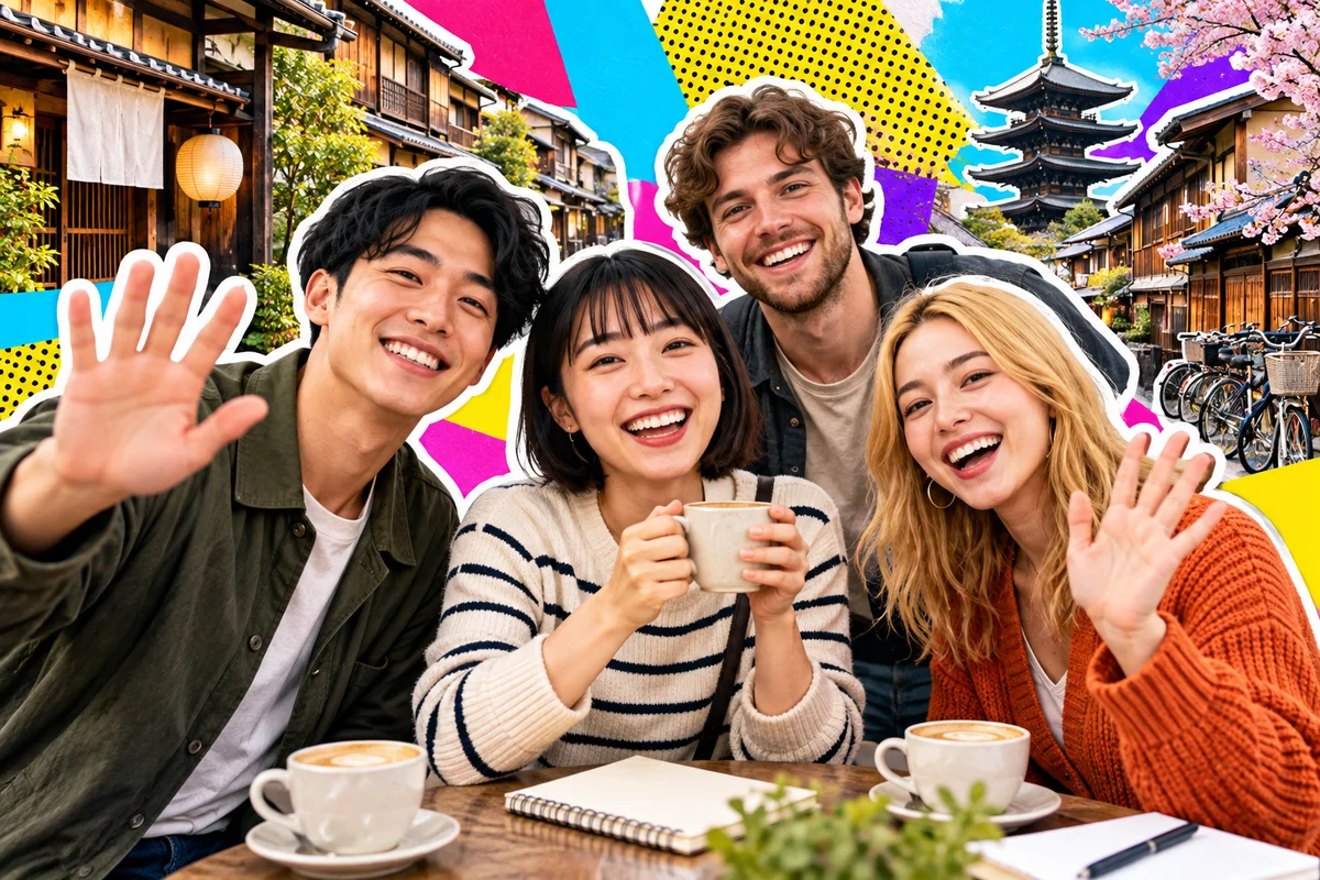 Japanese and international friends meeting again at their regular Kyoto cafe