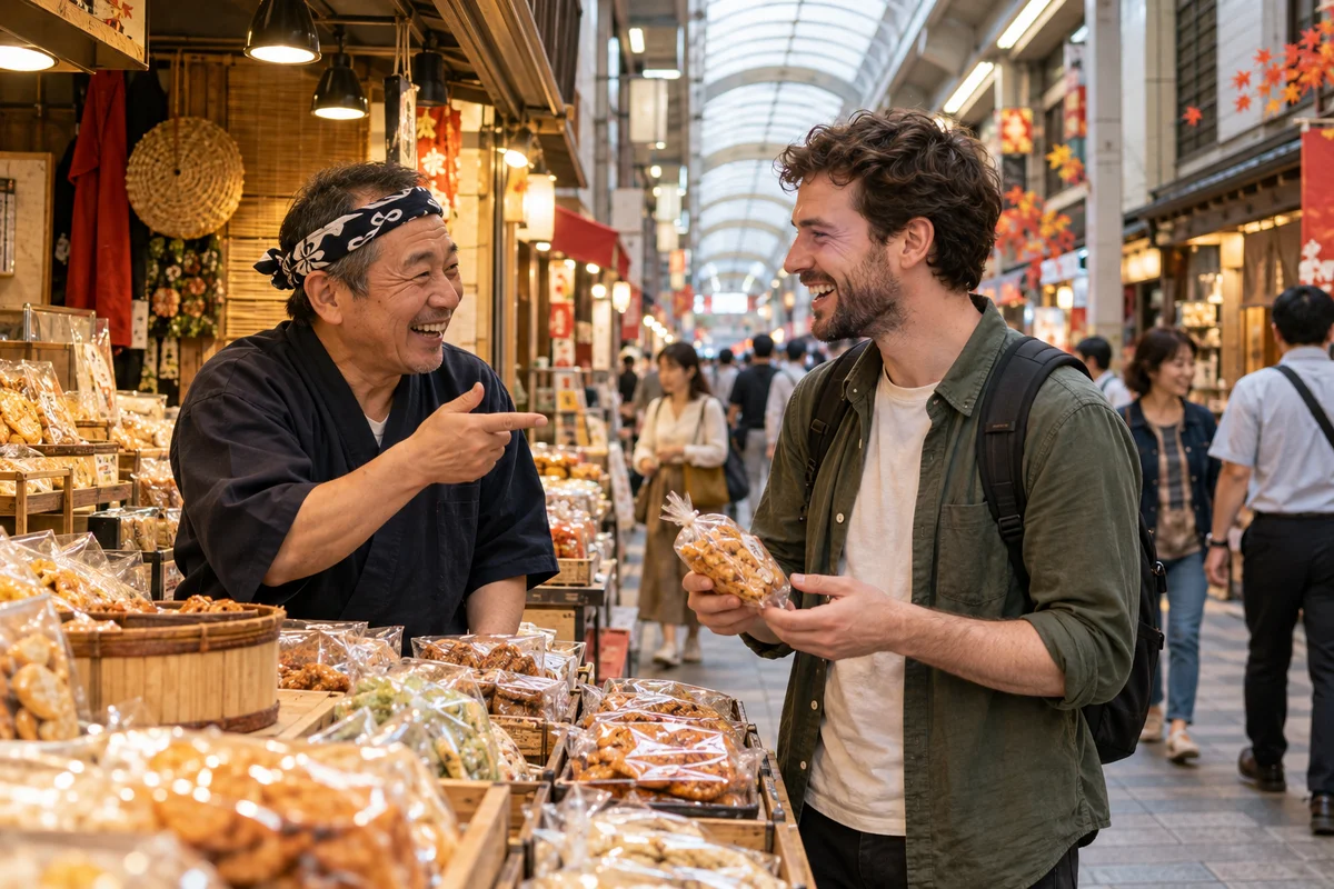 A cheerful Osaka shopkeeper joking with a young man from abroad at a stall in a covered shopping arcade