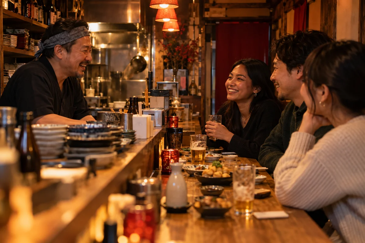 Regulars chatting with the owner of a tiny counter bar in Osaka in the evening