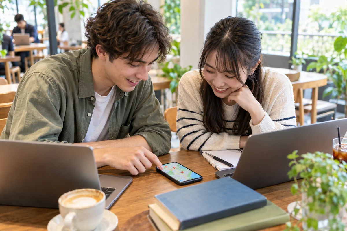 Two students leaning over a map on a phone on the table in a bright cafe near an Osaka university