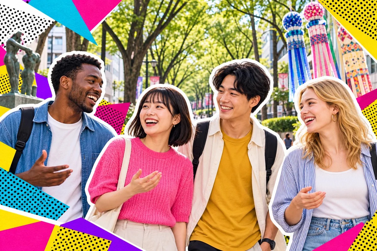 Japanese and international friends walking along tree-lined Jozenji-dori