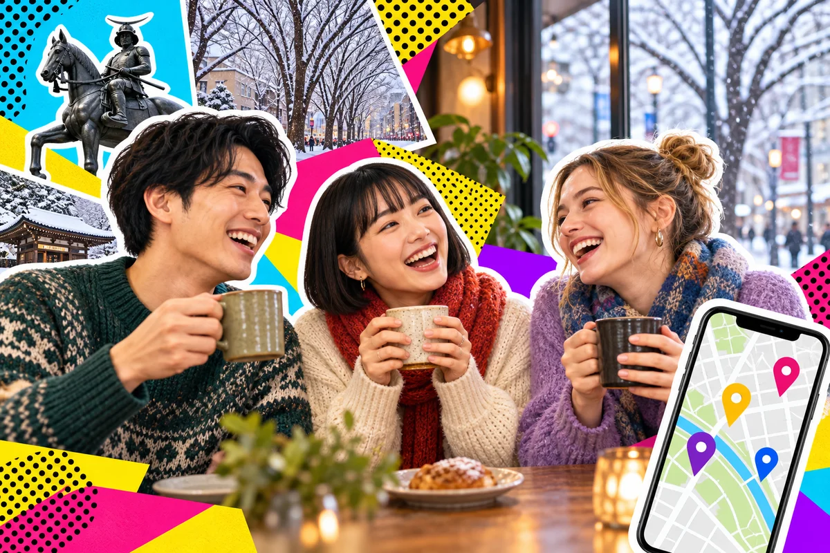 Friends chatting over coffee at a Sendai cafe in winter