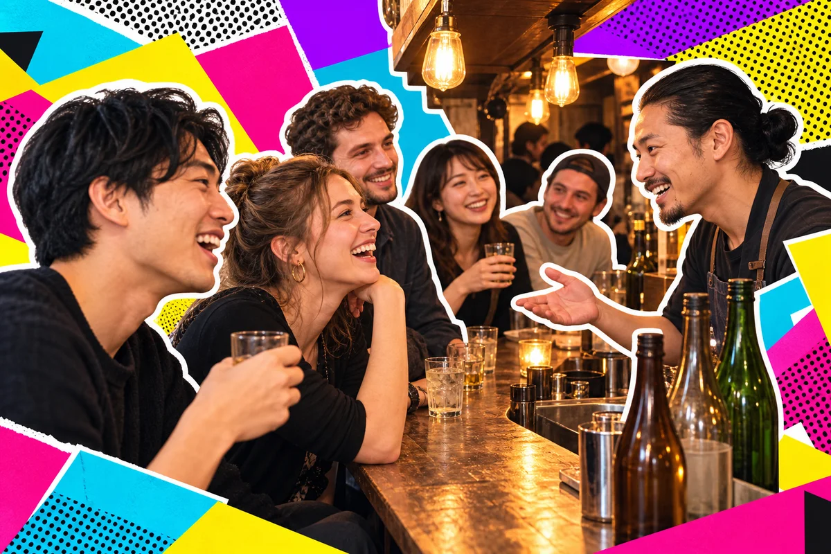 A bartender introducing Japanese and international regulars at a Golden Gai bar