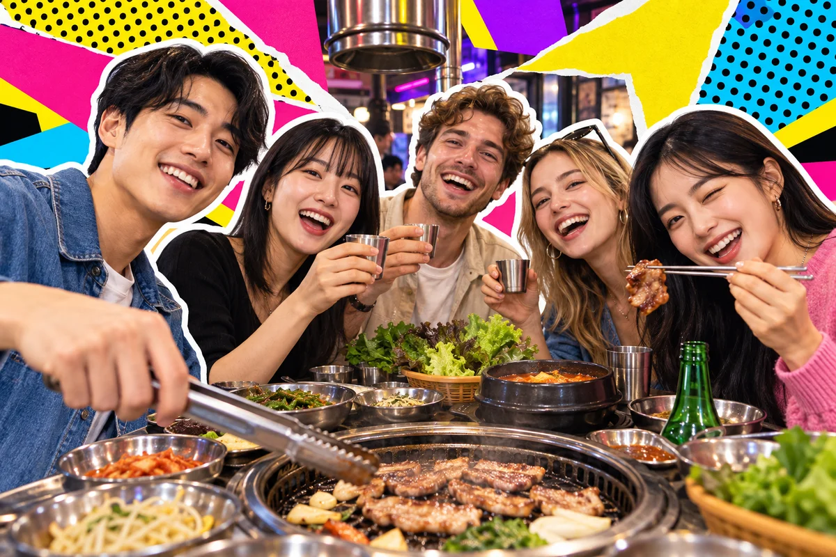 Japanese and international friends sharing Korean barbecue in Shin-Okubo