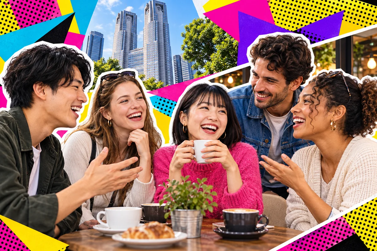 Japanese and international regulars chatting over coffee in Shinjuku
