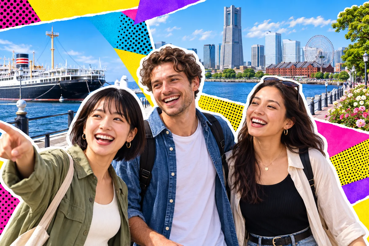 Japanese and international friends walking by Yokohama harbor