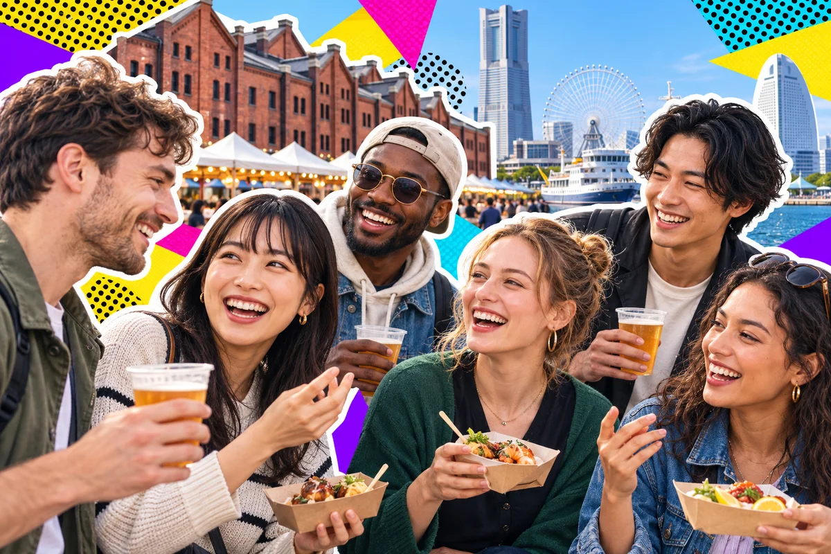 Japanese and international friends enjoying a Yokohama waterfront food event