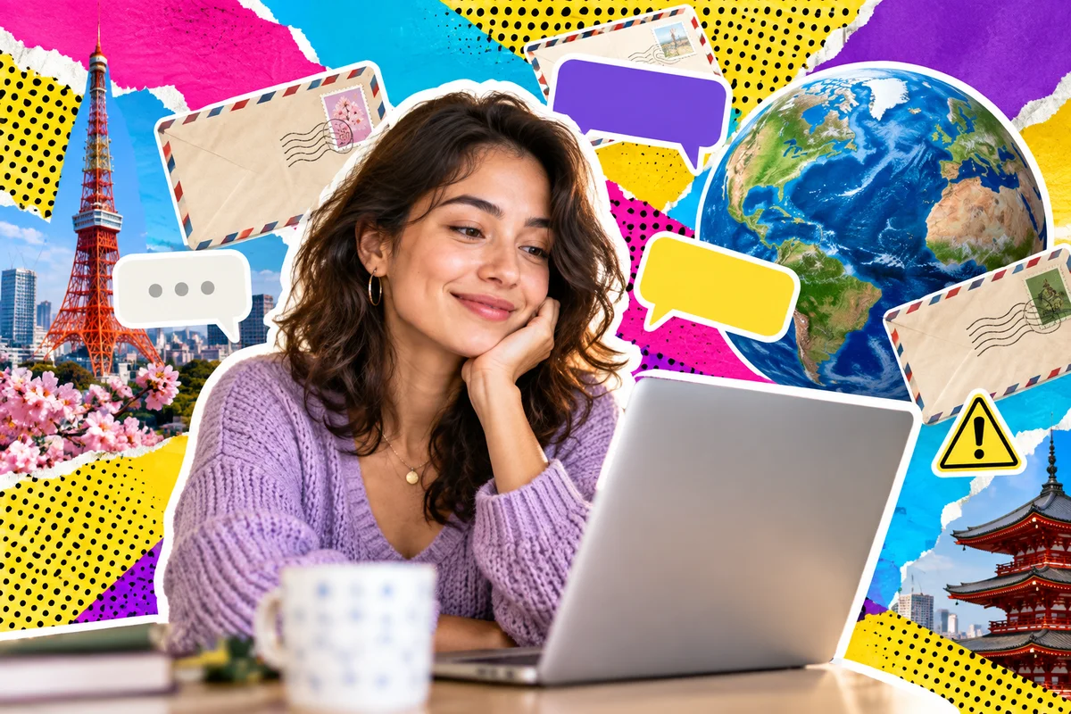 Woman using a laptop surrounded by envelopes, chat bubbles and a globe