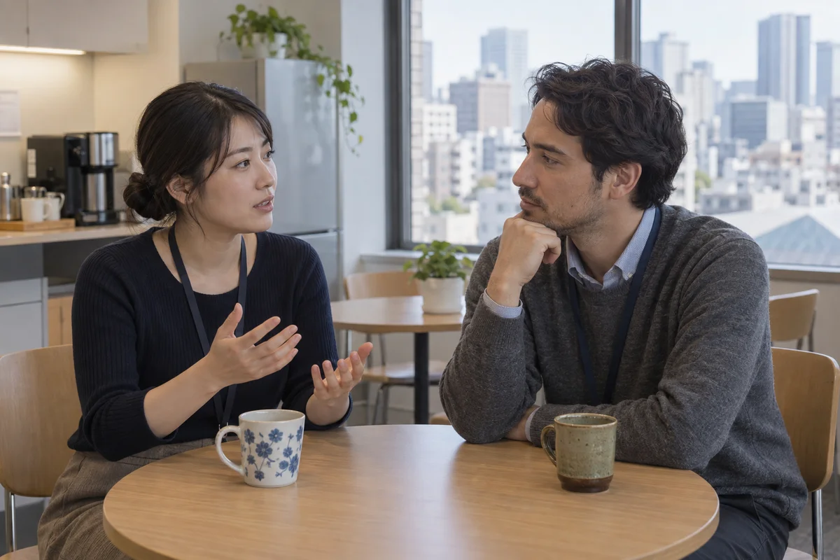 Two coworkers having a serious, attentive conversation beside a window in a Japanese office break room