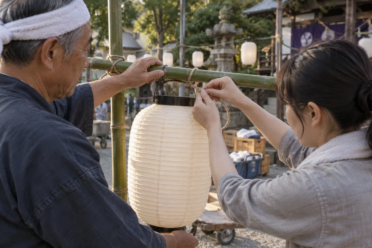 Close-up of two volunteers tying a plain paper lantern to a bamboo support during neighborhood festival preparations