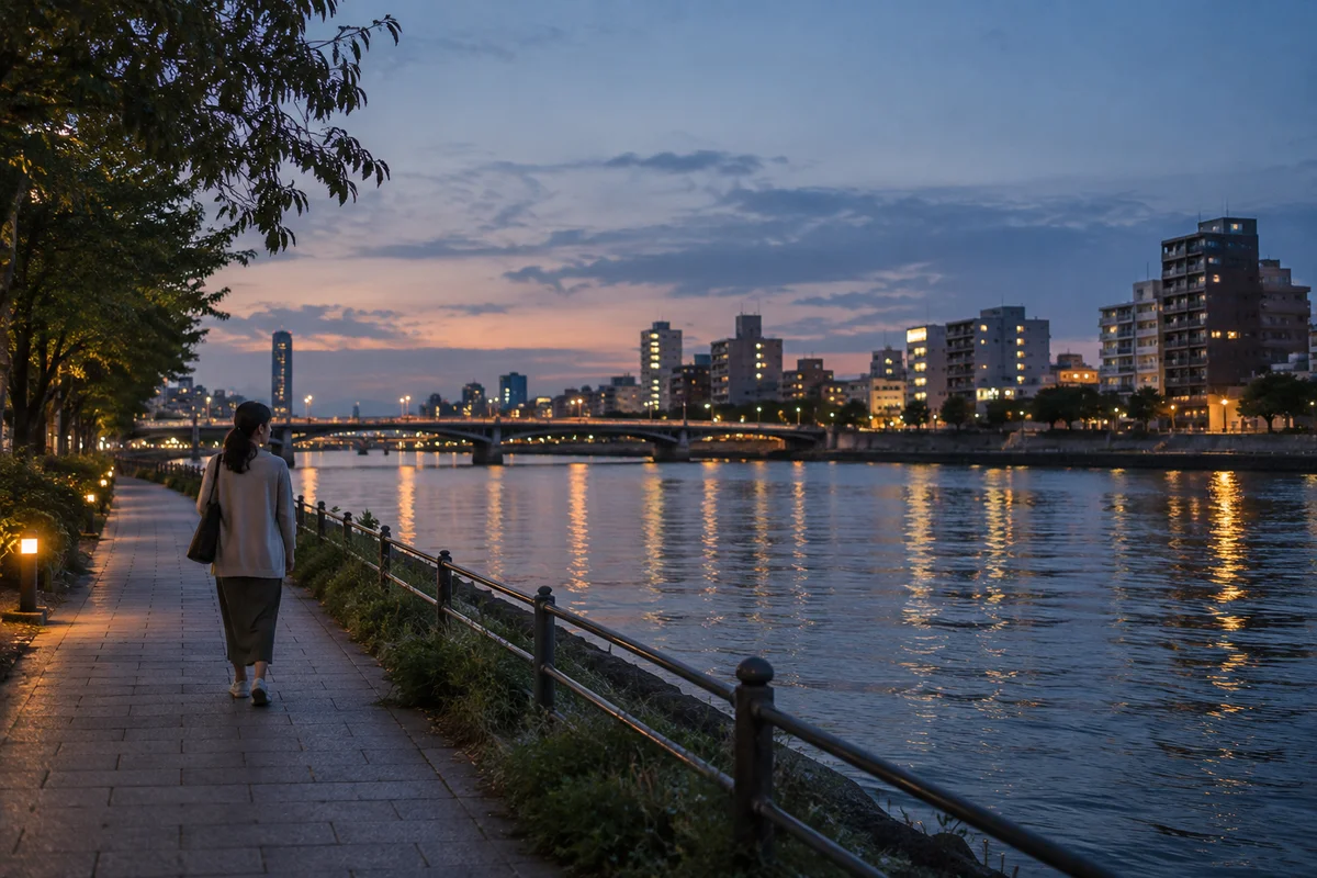 A person walking alone beside a Japanese city river at dusk, with space around them and soft reflections on the water