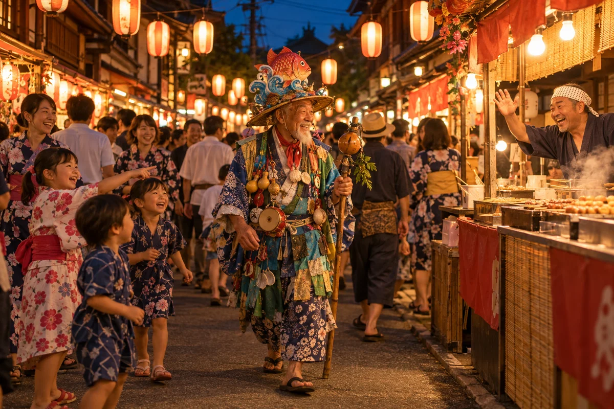 An older man in a colorful handmade costume walking through a crowded evening summer festival in a Japanese neighborhood, paper lanterns glowing overhead