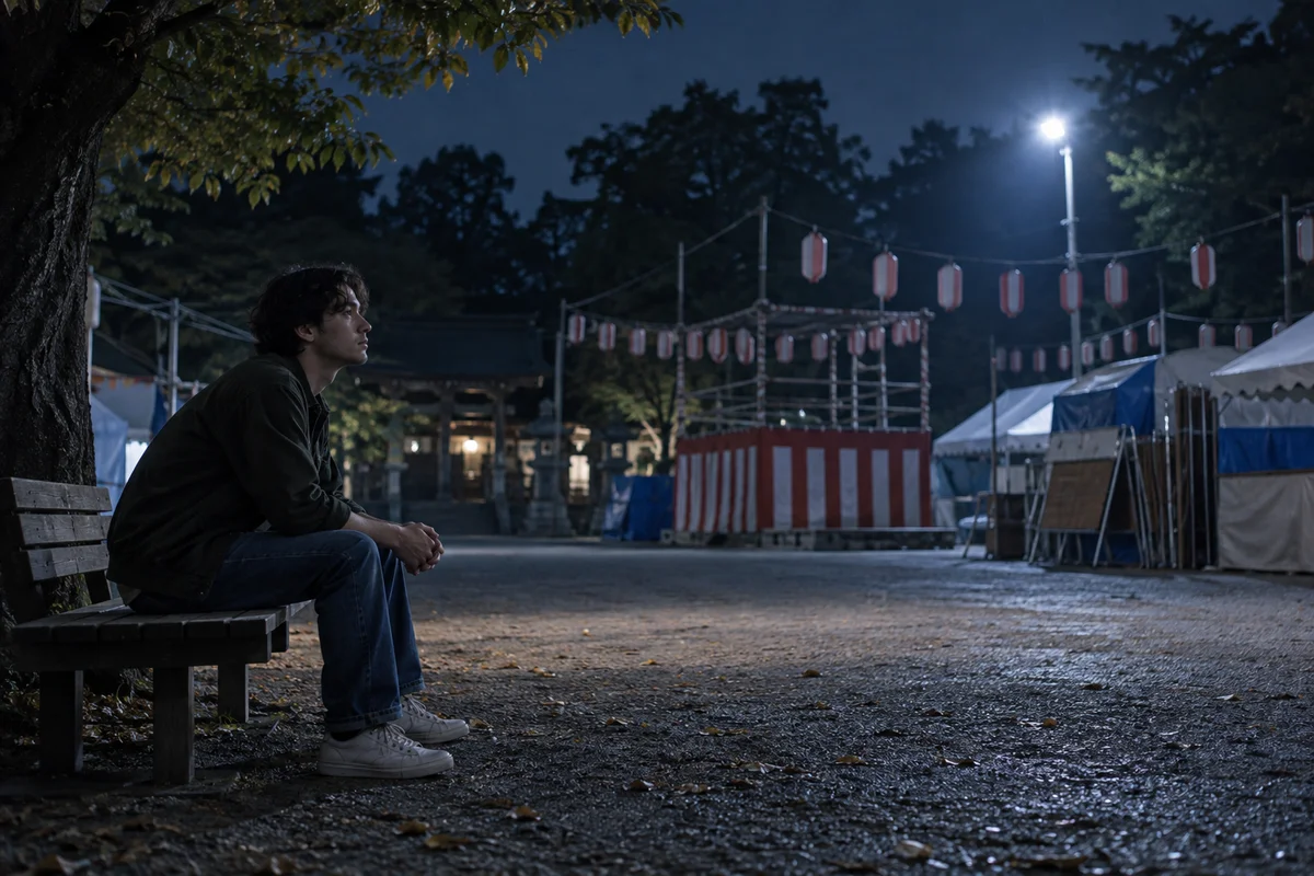 A person sitting alone on a bench beside an empty festival ground at night, folded tents and unlit lanterns in the background, quiet and reflective mood