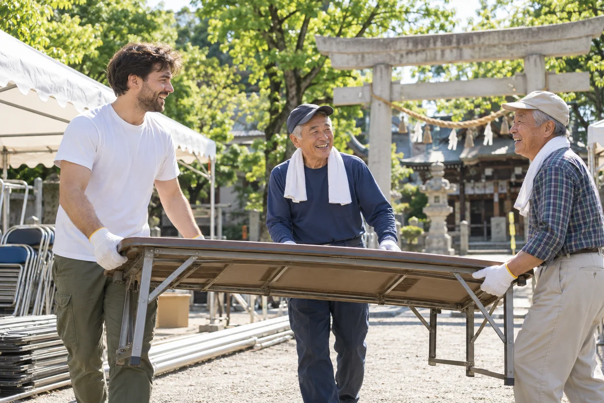 A foreign volunteer and two older Japanese residents carrying folding tables together to set up a neighborhood festival tent on a bright morning