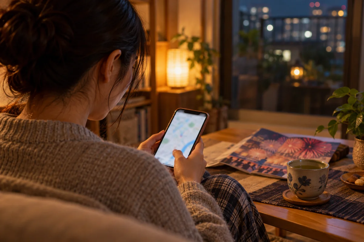 Over-the-shoulder view of a person at home in the evening looking at a phone, the screen facing them and away from the camera, warm lamp light and a festival flyer on the table