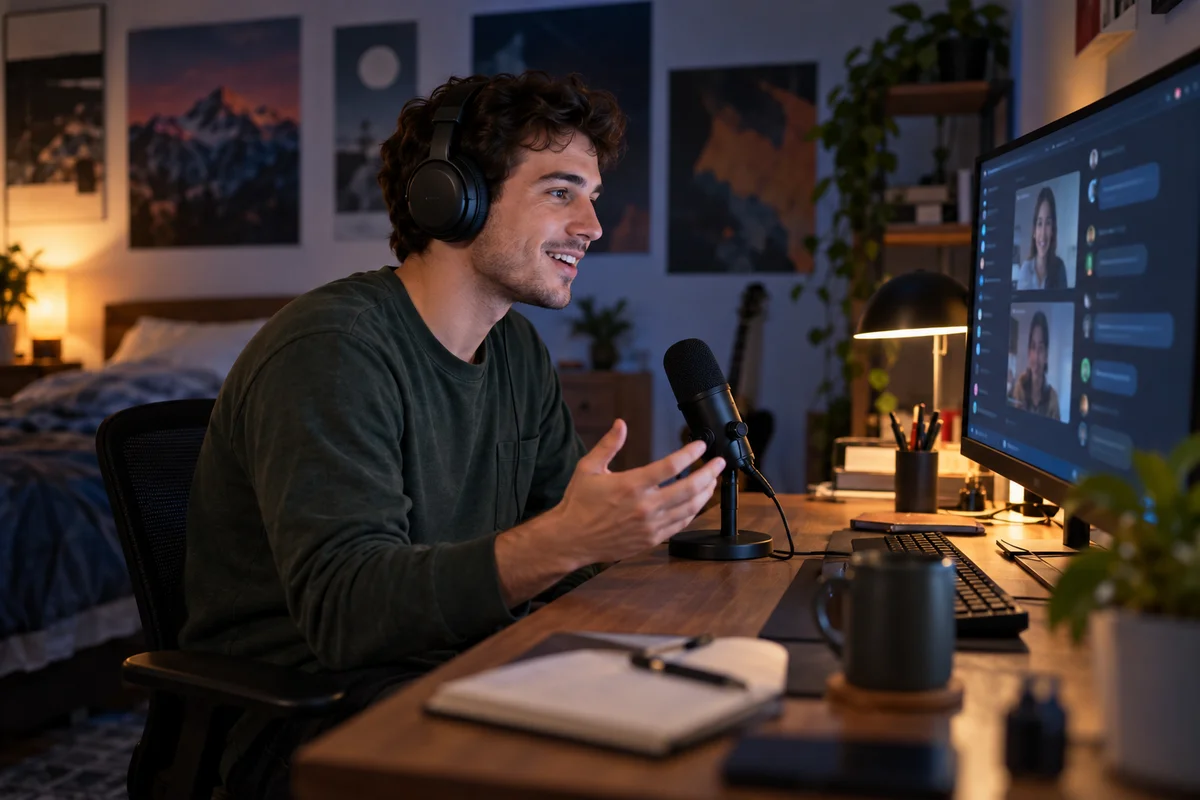 A young man in headphones talking into a desk microphone during a video chat in a cozy room at night