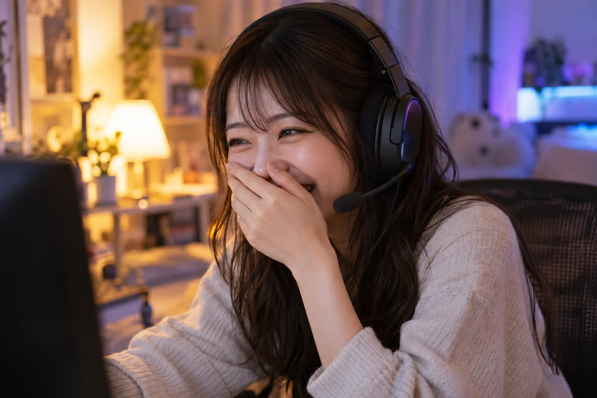 A young Japanese woman in a gaming headset laughing out loud during a voice chat