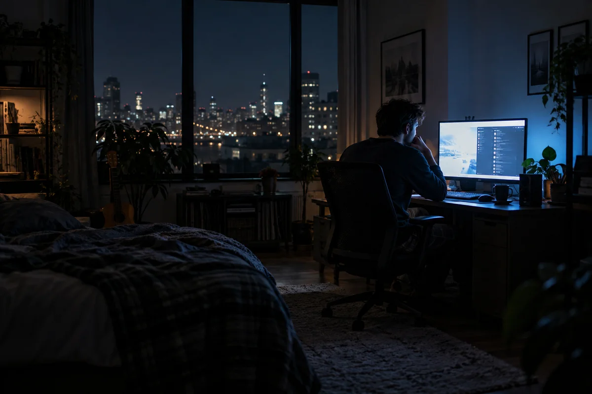 A young man alone in a dark room late at night facing a bright monitor, city lights outside the window