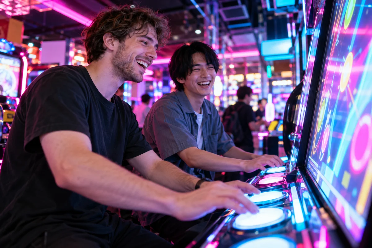 Two new friends, one from abroad and one Japanese, laughing as they play a rhythm game side by side at a Tokyo arcade
