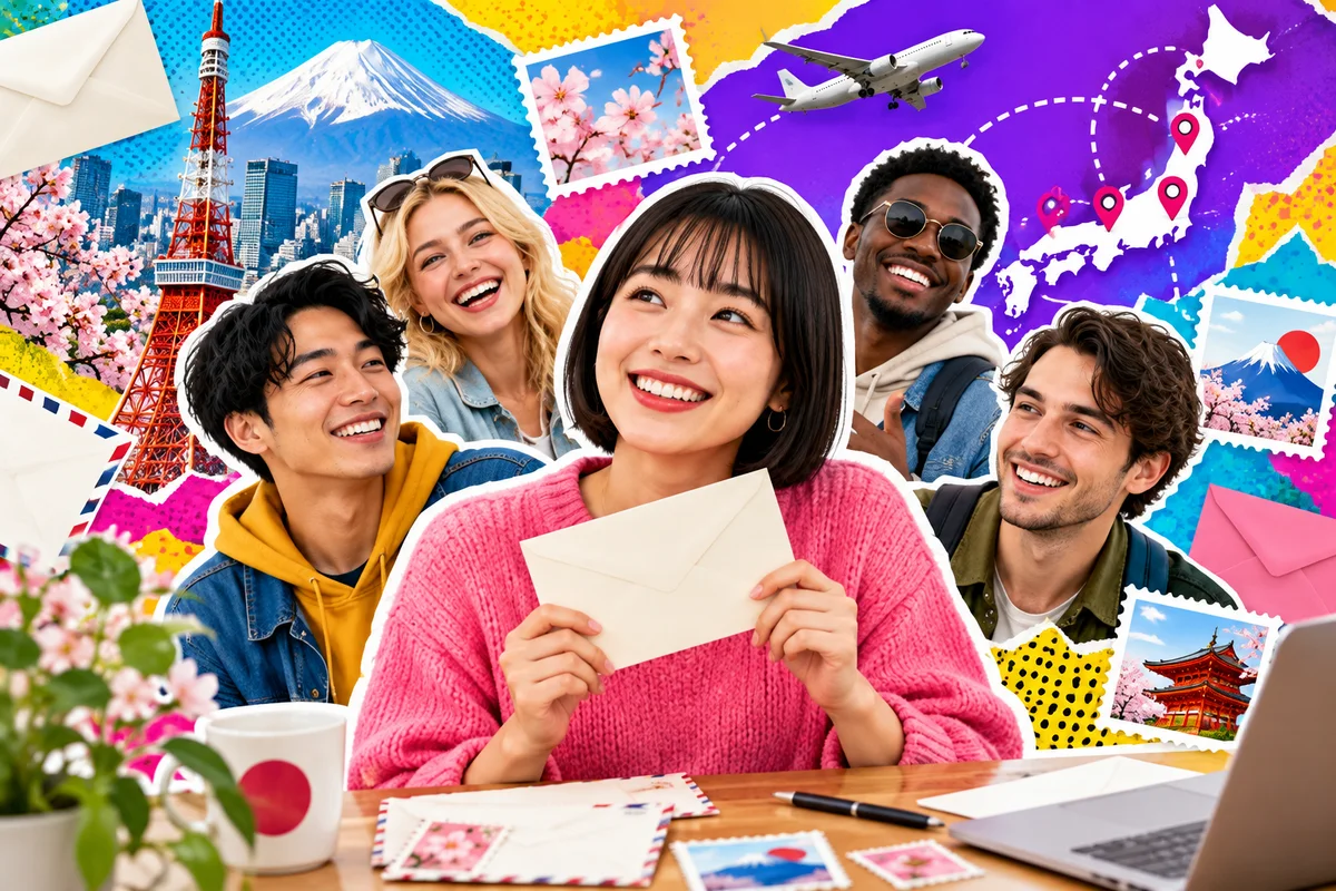 A woman holding an envelope at a desk, surrounded by friend portraits, stamps and a Japan map in a colorful photo collage
