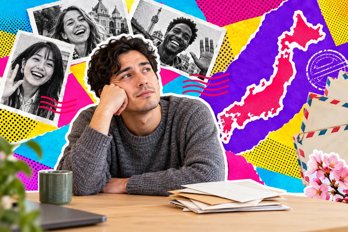 A thoughtful man sitting beside a pile of letters, with friend portraits and a Japan map behind him
