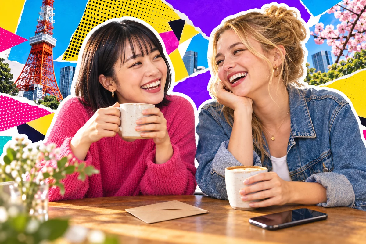 Japanese and international women laughing over coffee with an envelope and phone on the table