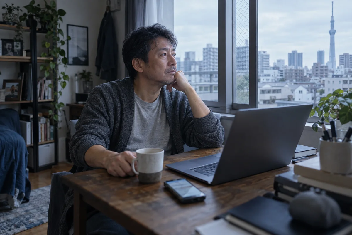 A middle-aged man taking a quiet break from his laptop at a small Tokyo apartment desk in cool morning light
