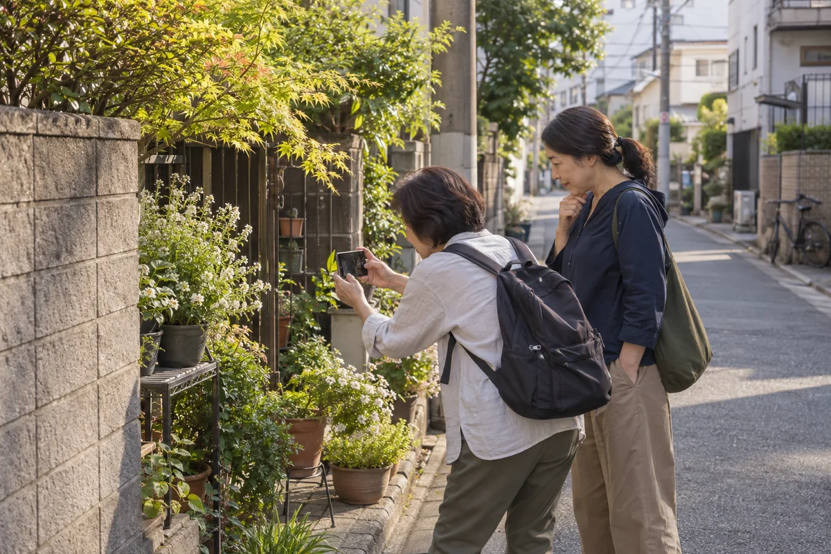 Two middle-aged friends pausing to photograph plants on a quiet Tokyo neighborhood walk in soft afternoon sunlight
