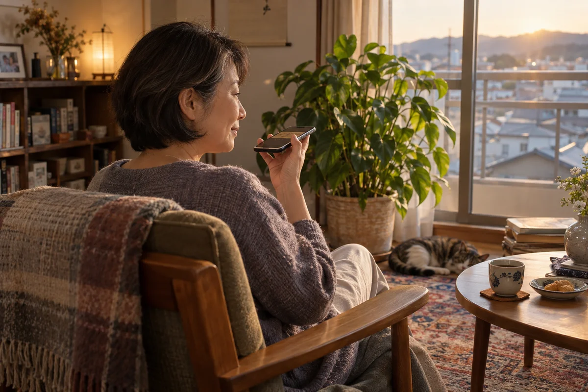 Over-the-shoulder view of a woman in her fifties listening to a friend's voice message beside a houseplant in warm evening light