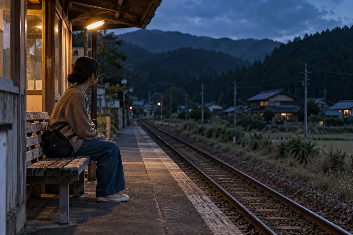 A young adult waiting alone on a small rural Japanese railway platform in the blue light of early evening