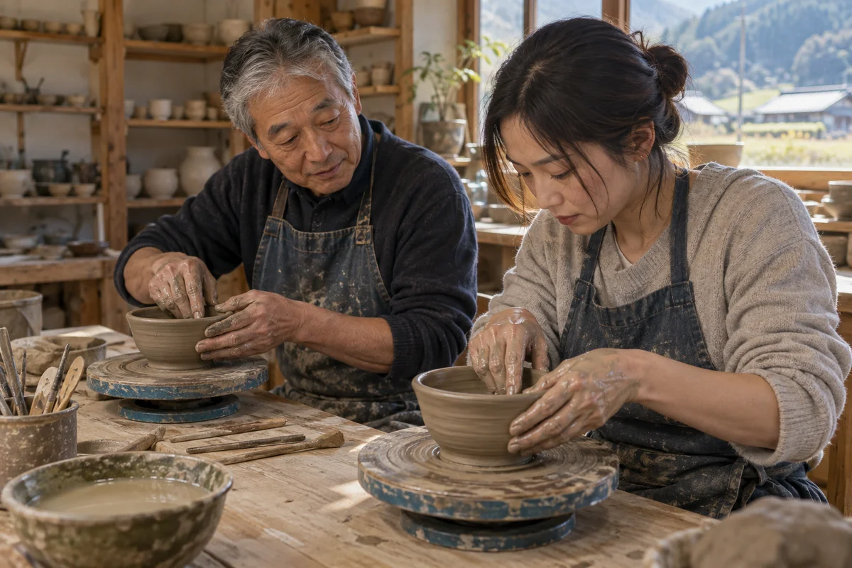 Two adults shaping clay beside each other in a sunlit community pottery workshop, with their hands and bowls in focus