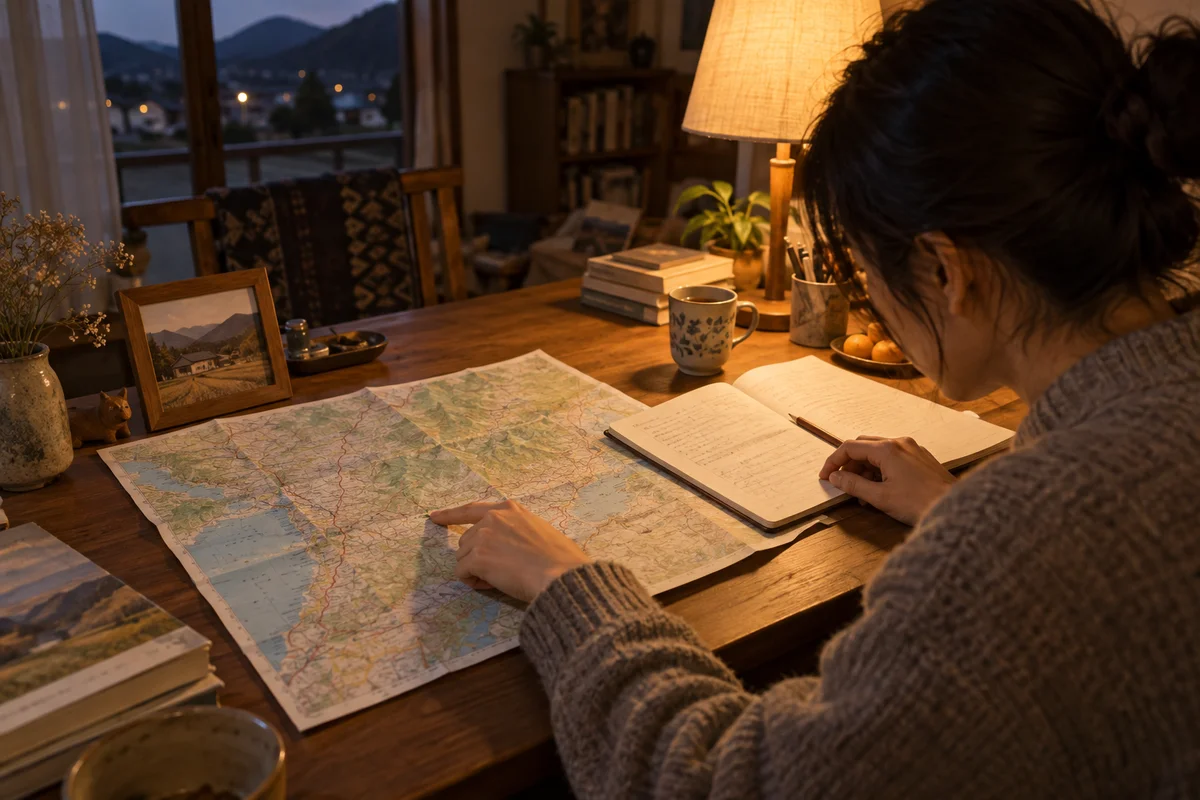 Close view of hands comparing a paper street map and a notebook at a wooden desk under warm evening lamplight