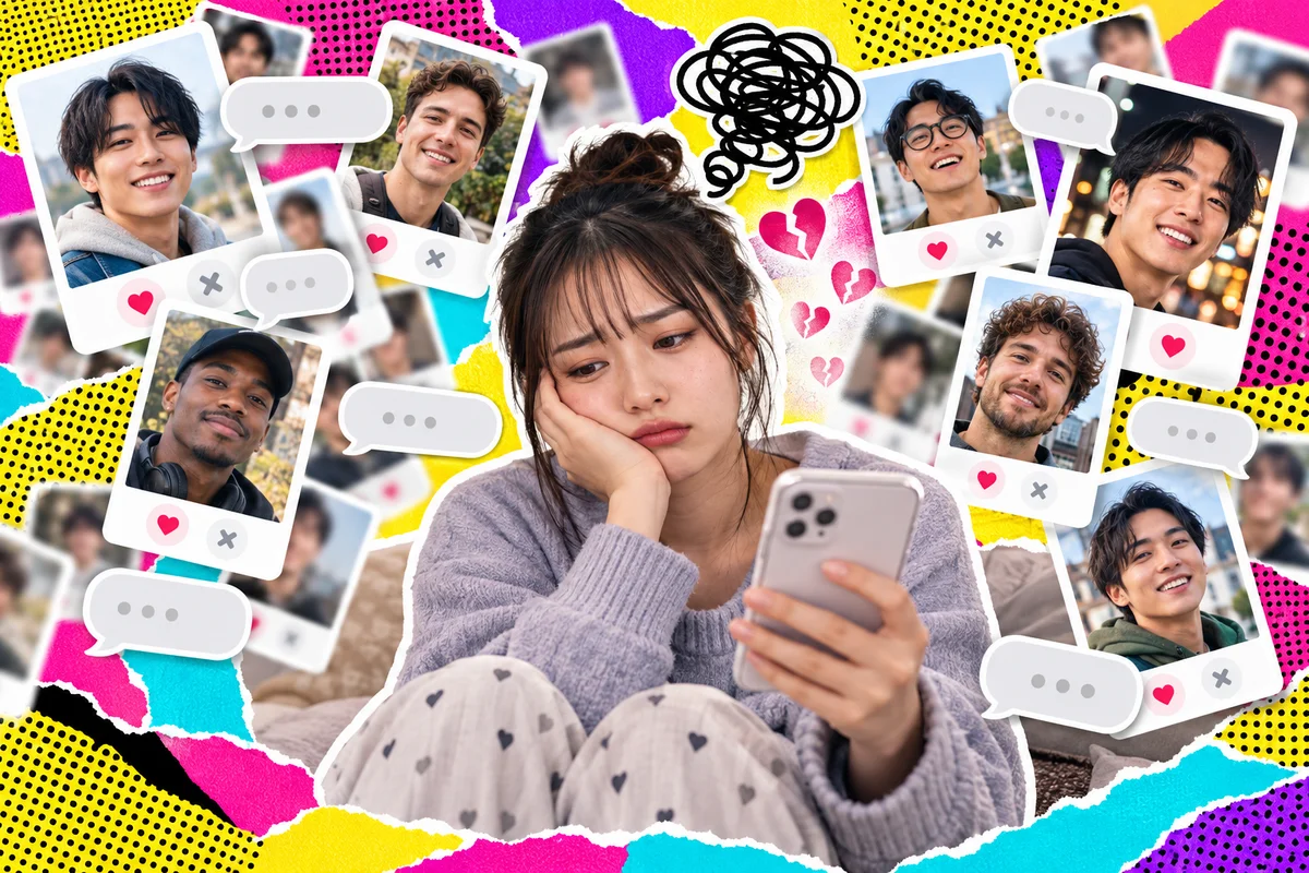 Woman overwhelmed by dating profiles and unanswered chats
