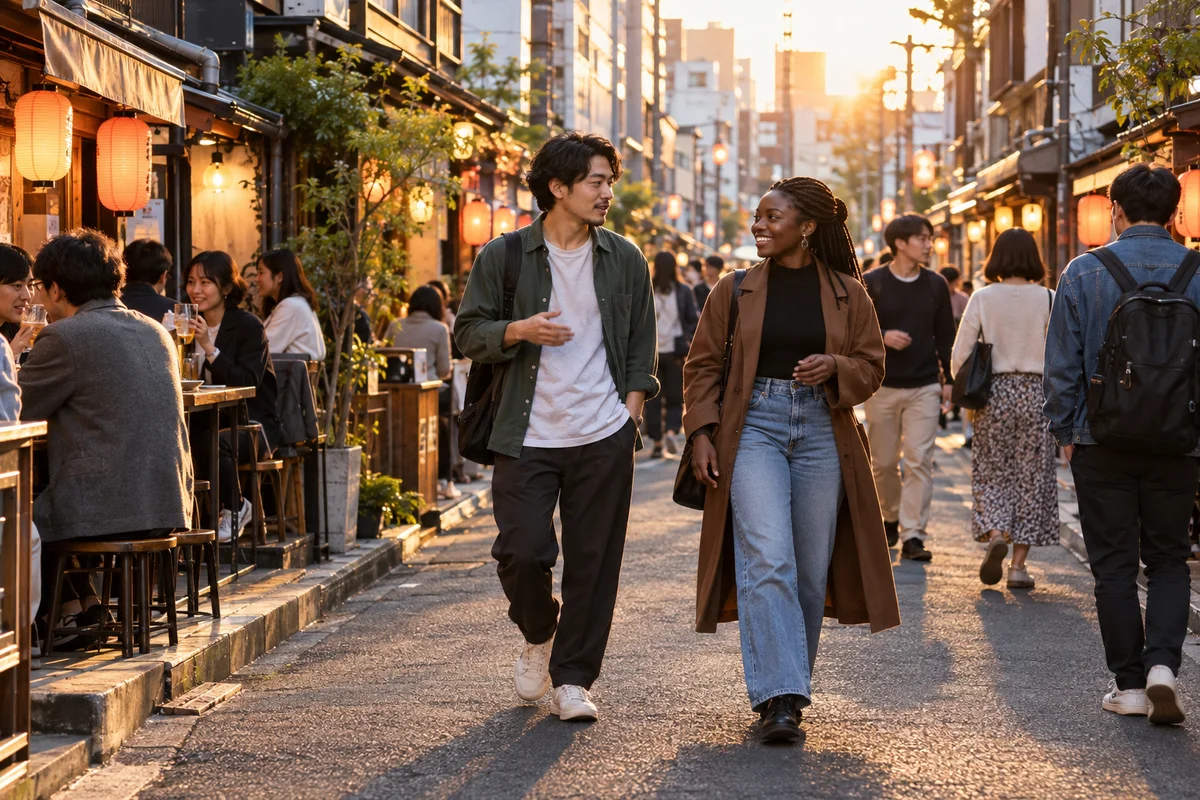 A Japanese man and a woman from abroad chatting as they walk down a lively Tokyo side street at golden hour