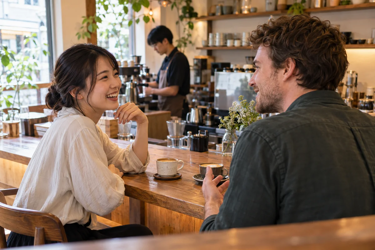 A Japanese woman and a man from abroad talking over coffee at the counter of a small Tokyo cafe