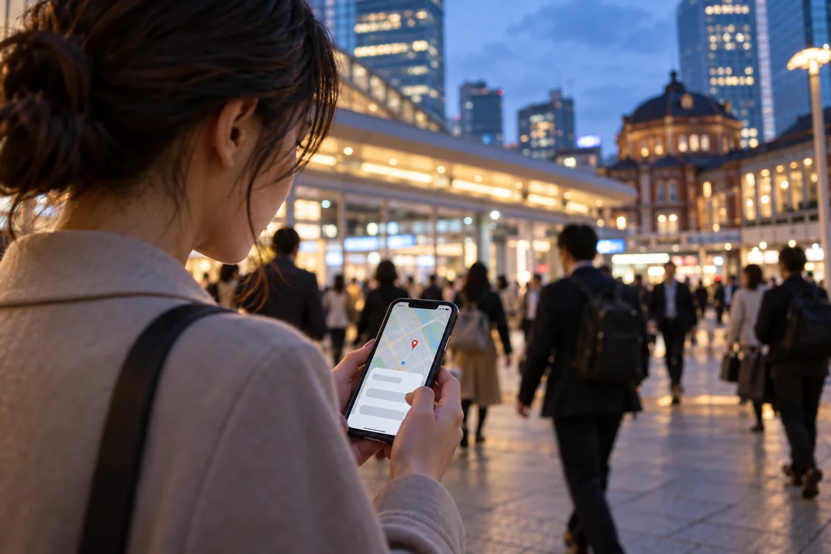 Someone outside a Tokyo station at dusk checking a map on their phone before meeting a new friend